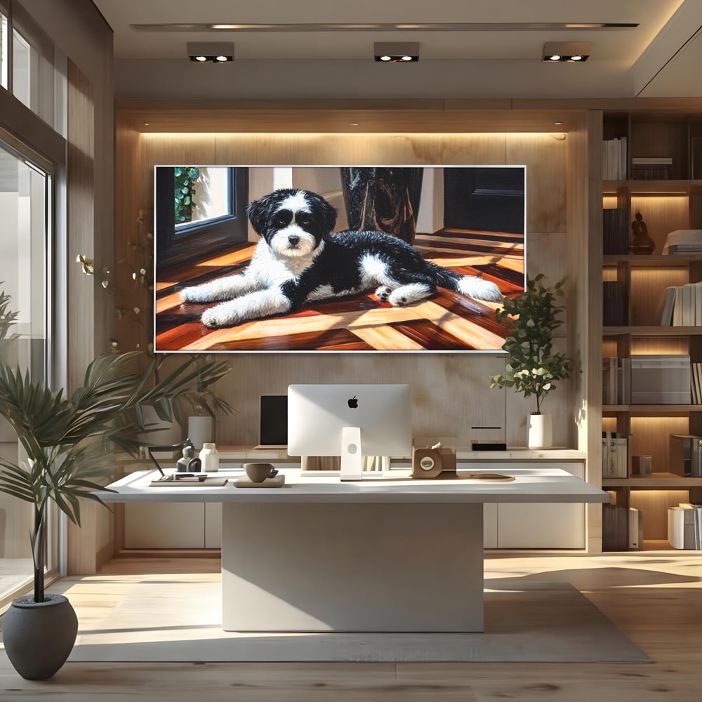 Tablou canvas cu tablou canvas cu catel negru cu alb, in rama de aluminiu argintiu, pe perete intr-un birou